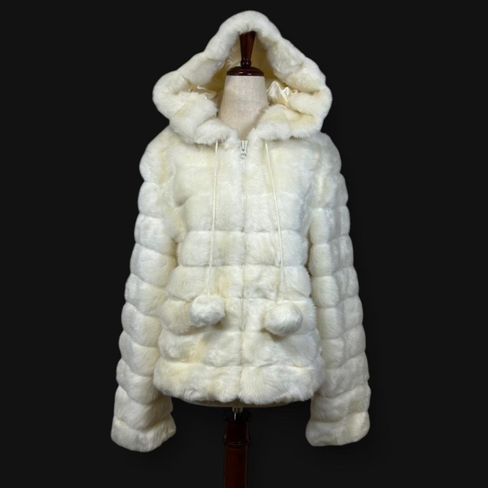 Y2K Nine West Tiered Faux Fur Hooded Jacket Pom Pom Drawstrings Womens L